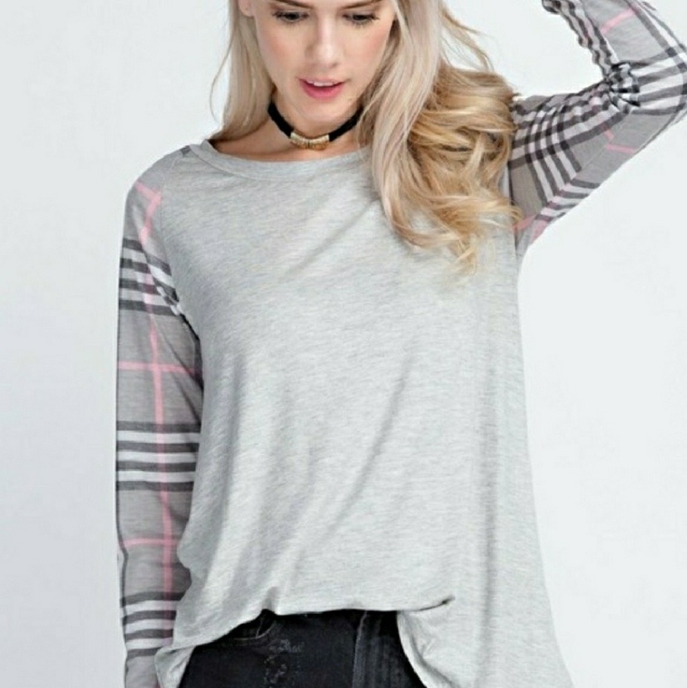 🎀Solid plaid contrast long sleeve top